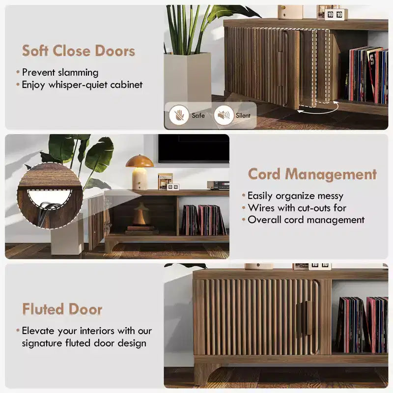 Mueble de TV SUGIFT moderno de mediados de siglo para televisores de 55-65 pulgadas, consola multimedia bohemia con puertas acanaladas, gabinetes de almacenamiento y estante abierto