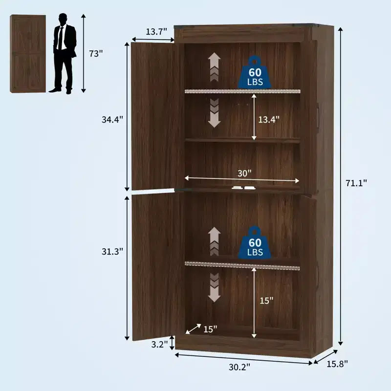 Armario de despensa alto de cocina de 71 pulgadas, gabinete de almacenamiento independiente con estantes ajustables, gabinete de barra de café de madera para sala de estar o cocina