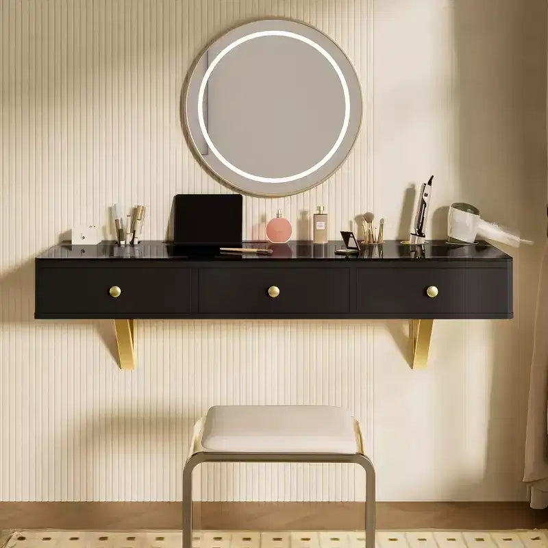 Tocador de pared multiusos Okak con cajón, tocador de maquillaje con superficie de vidrio, tocador compacto para dormitorio, peluquerías