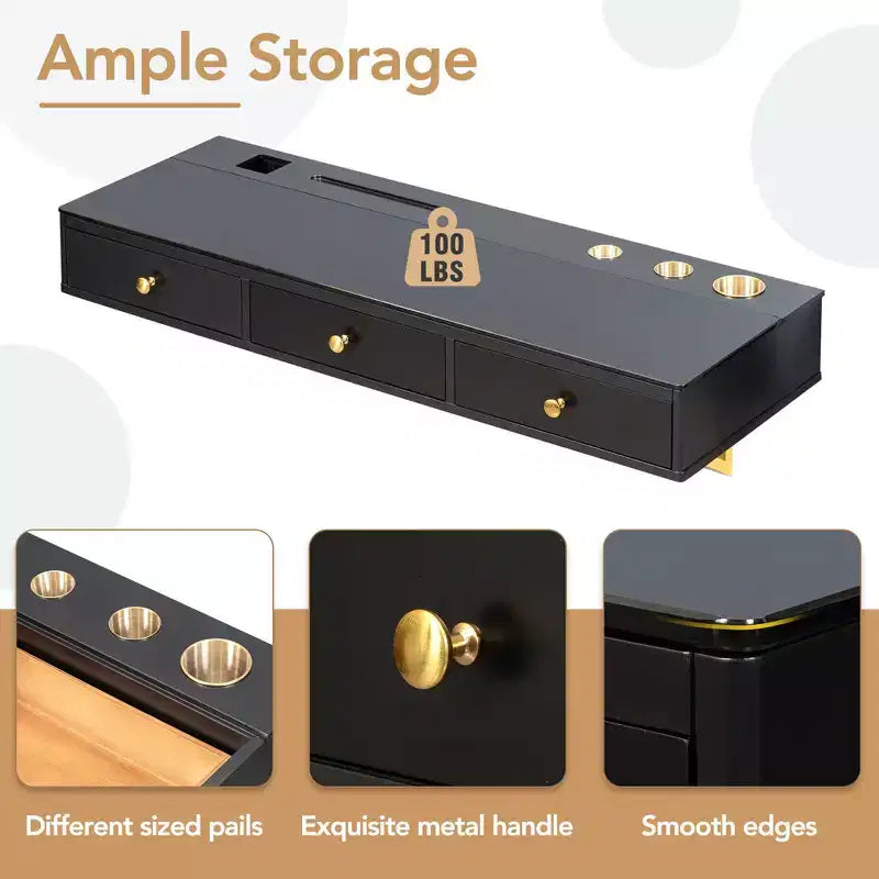 Tocador de pared multiusos Okak con cajón, tocador de maquillaje con superficie de vidrio, tocador compacto para dormitorio, peluquerías