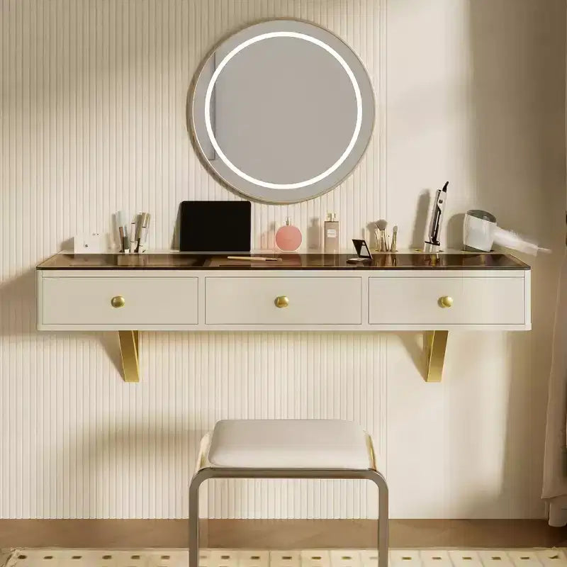 Tocador de pared multiusos Okak con cajón, tocador de maquillaje con superficie de vidrio, tocador compacto para dormitorio, peluquerías