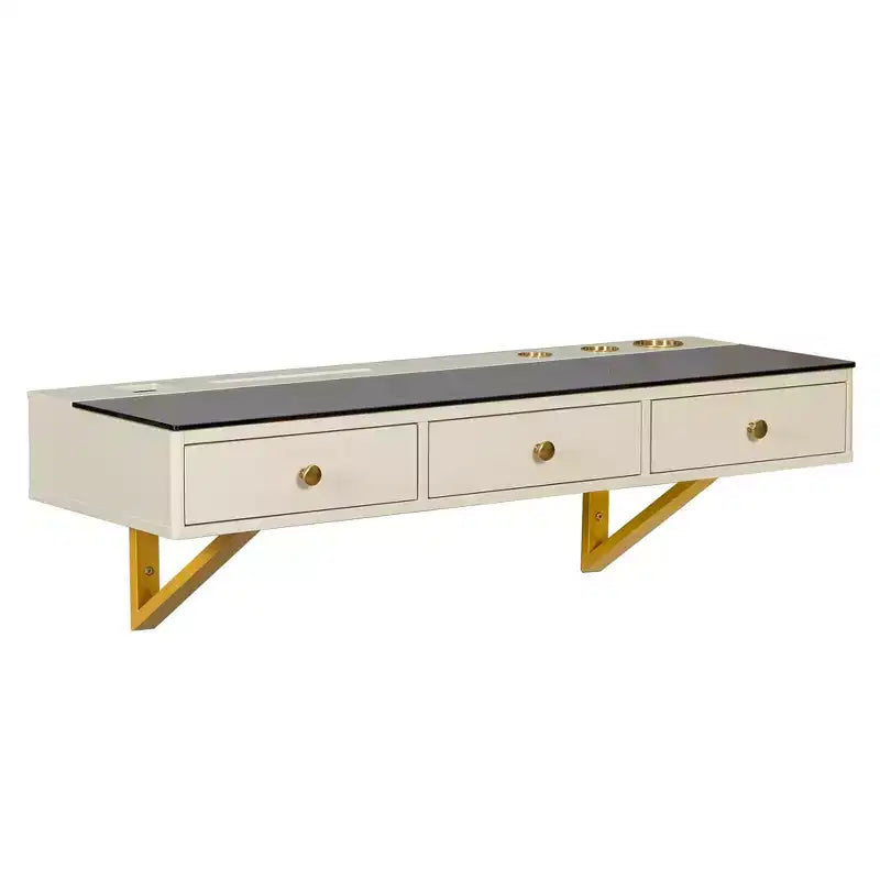 Tocador de pared multiusos Okak con cajón, tocador de maquillaje con superficie de vidrio, tocador compacto para dormitorio, peluquerías