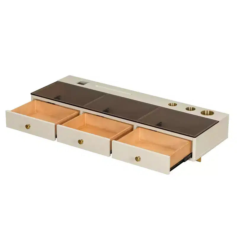 Tocador de pared multiusos Okak con cajón, tocador de maquillaje con superficie de vidrio, tocador compacto para dormitorio, peluquerías