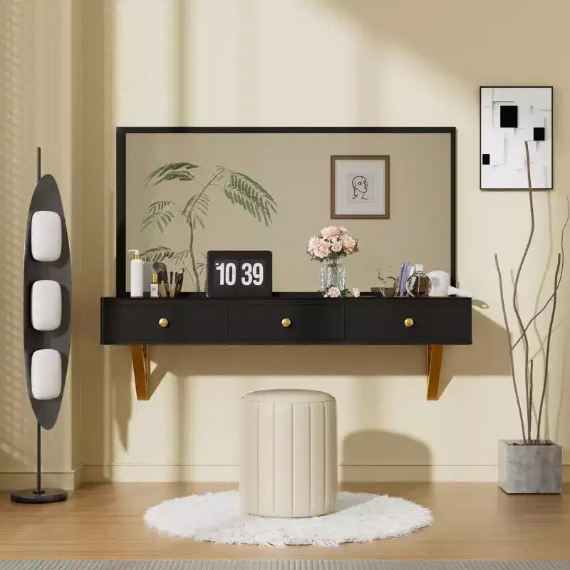 Tocador de pared multiusos Okak con cajón, tocador de maquillaje con superficie de vidrio, tocador compacto para dormitorio, peluquerías