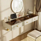 Tocador de pared multiusos Okak con cajón, tocador de maquillaje con superficie de vidrio, tocador compacto para dormitorio, peluquerías