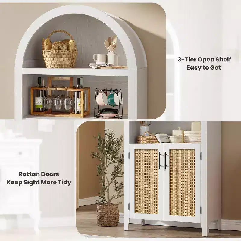 Estantería arqueada con puertas - Estante de exhibición abierto de 5 niveles con decoración de ratán, Gabinete de almacenamiento de estantería moderno para oficina en casa, sala de estar, biblioteca