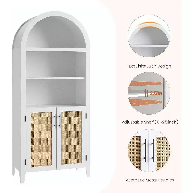 Estantería arqueada con puertas - Estante de exhibición abierto de 5 niveles con decoración de ratán, Gabinete de almacenamiento de estantería moderno para oficina en casa, sala de estar, biblioteca