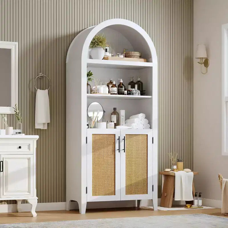 Estantería arqueada con puertas - Estante de exhibición abierto de 5 niveles con decoración de ratán, Gabinete de almacenamiento de estantería moderno para oficina en casa, sala de estar, biblioteca