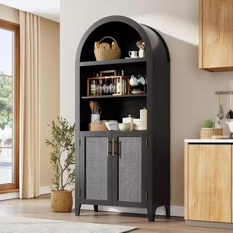 Estantería arqueada con puertas - Estante de exhibición abierto de 5 niveles con decoración de ratán, Gabinete de almacenamiento de estantería moderno para oficina en casa, sala de estar, biblioteca