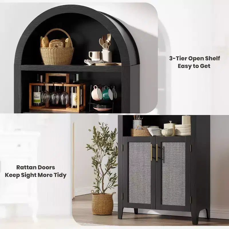Estantería arqueada con puertas - Estante de exhibición abierto de 5 niveles con decoración de ratán, Gabinete de almacenamiento de estantería moderno para oficina en casa, sala de estar, biblioteca