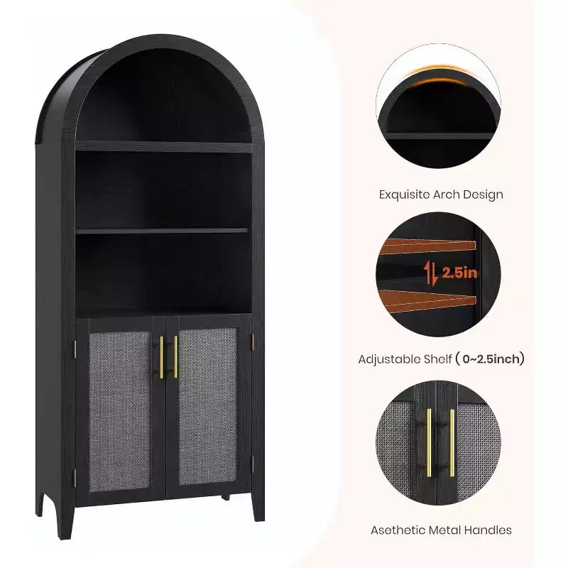Estantería arqueada con puertas - Estante de exhibición abierto de 5 niveles con decoración de ratán, Gabinete de almacenamiento de estantería moderno para oficina en casa, sala de estar, biblioteca