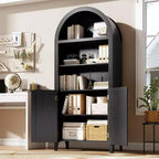 Estantería arqueada con puertas - Estante de exhibición abierto de 5 niveles con decoración de ratán, Gabinete de almacenamiento de estantería moderno para oficina en casa, sala de estar, biblioteca