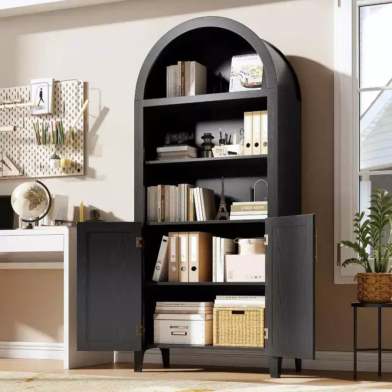 Estantería arqueada con puertas - Estante de exhibición abierto de 5 niveles con decoración de ratán, Gabinete de almacenamiento de estantería moderno para oficina en casa, sala de estar, biblioteca