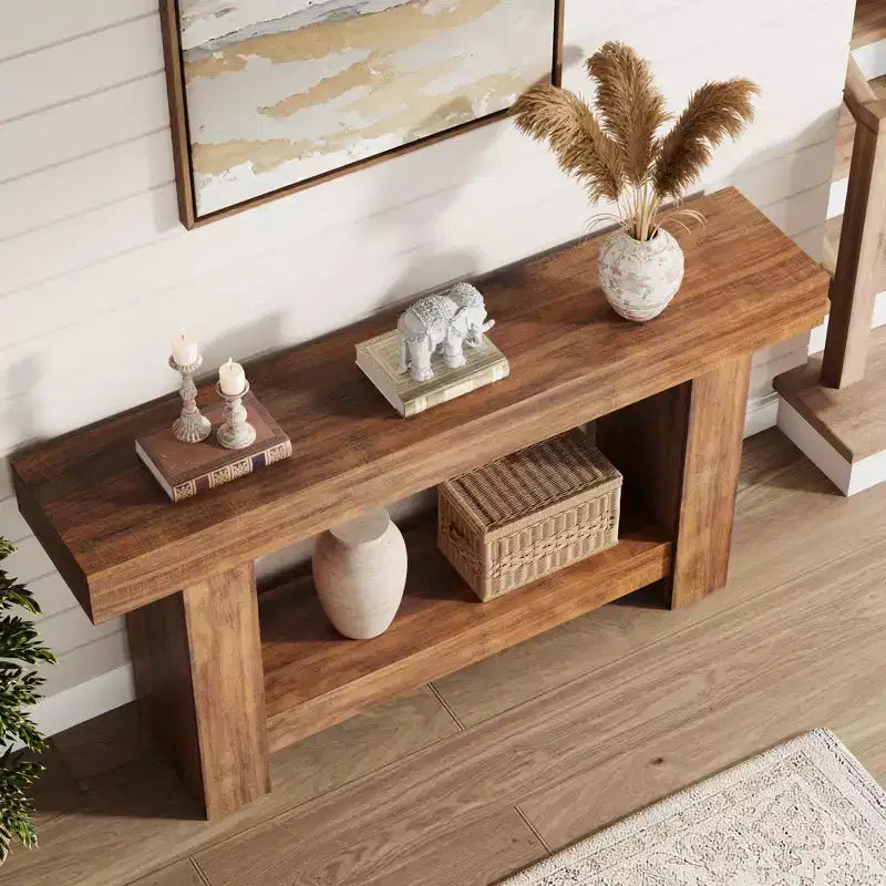 Mesa consola larga de 2 niveles, mesa de sofá, mesa auxiliar de entrada estilo casa de campo detrás del sofá para entrada, pasillo, sala de estar