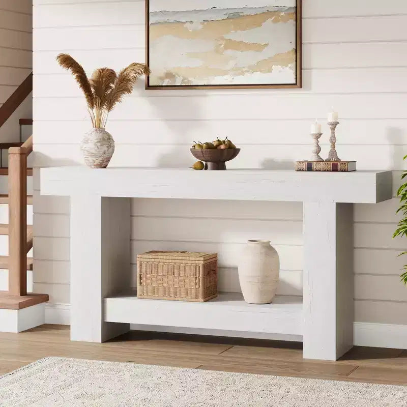Mesa consola larga de 2 niveles, mesa de sofá, mesa auxiliar de entrada estilo casa de campo detrás del sofá para entrada, pasillo, sala de estar