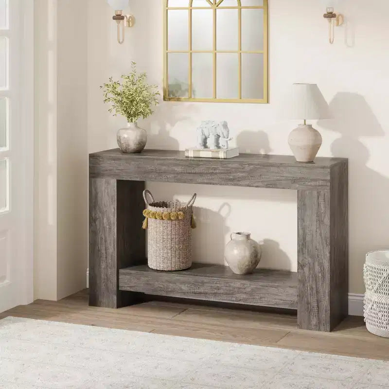 Mesa consola larga de 2 niveles, mesa de sofá, mesa auxiliar de entrada estilo casa de campo detrás del sofá para entrada, pasillo, sala de estar
