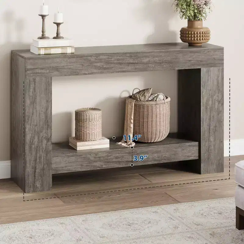Mesa consola larga de 2 niveles, mesa de sofá, mesa auxiliar de entrada estilo casa de campo detrás del sofá para entrada, pasillo, sala de estar