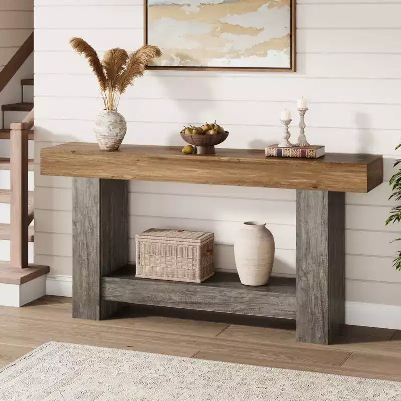 Mesa consola larga de 2 niveles, mesa de sofá, mesa auxiliar de entrada estilo casa de campo detrás del sofá para entrada, pasillo, sala de estar