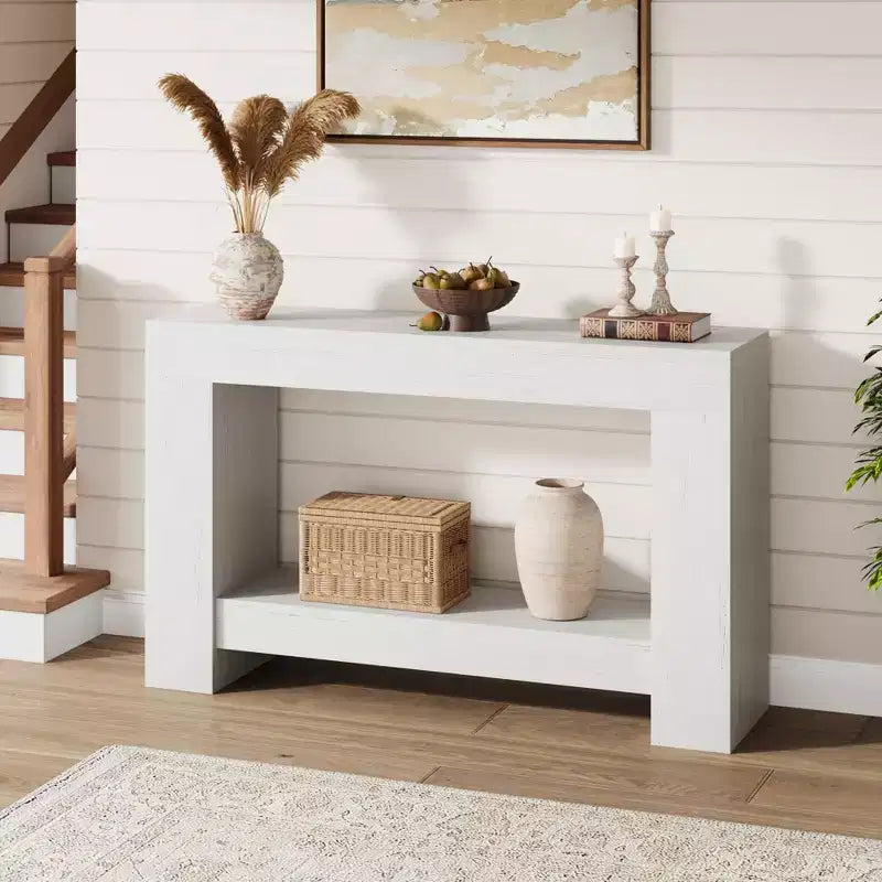 Mesa consola larga de 2 niveles, mesa de sofá, mesa auxiliar de entrada estilo casa de campo detrás del sofá para entrada, pasillo, sala de estar