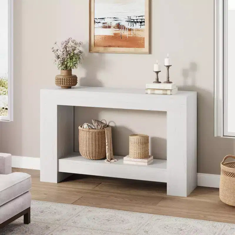 Mesa consola larga de 2 niveles, mesa de sofá, mesa auxiliar de entrada estilo casa de campo detrás del sofá para entrada, pasillo, sala de estar
