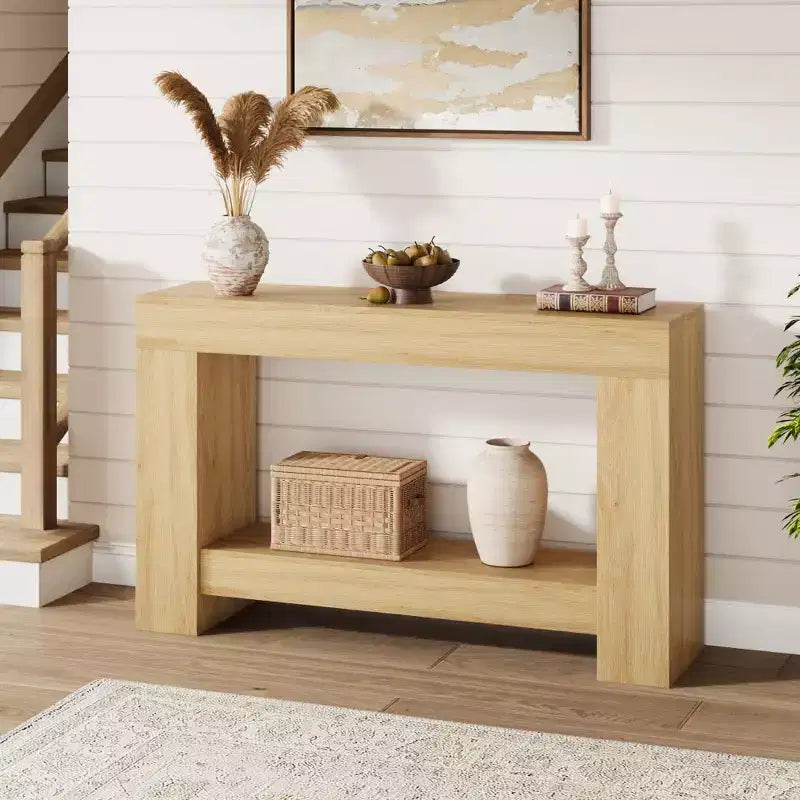 Mesa consola larga de 2 niveles, mesa de sofá, mesa auxiliar de entrada estilo casa de campo detrás del sofá para entrada, pasillo, sala de estar
