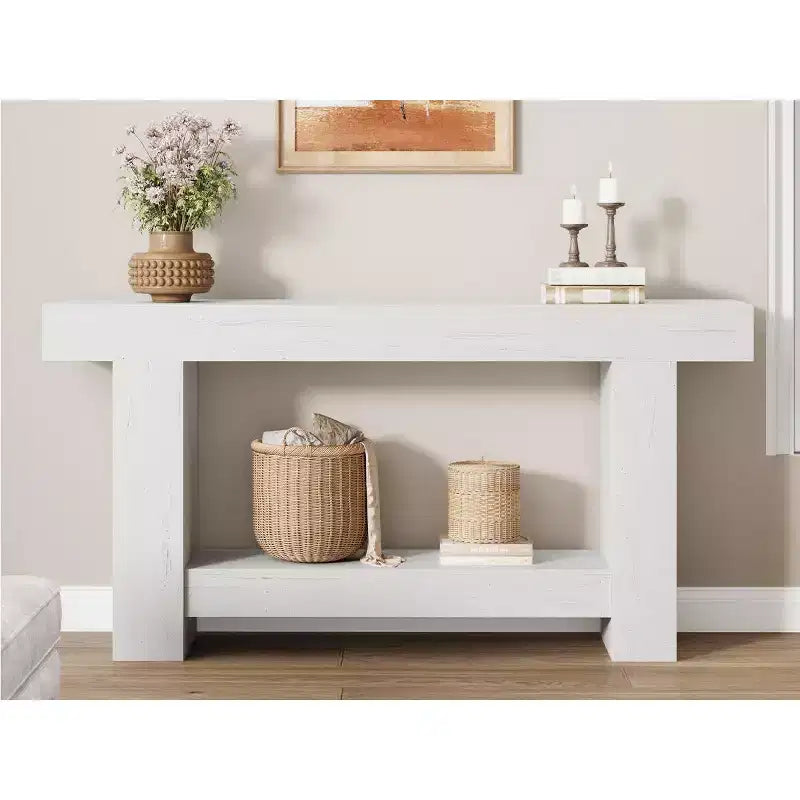 Mesa consola larga de 2 niveles, mesa de sofá, mesa auxiliar de entrada estilo casa de campo detrás del sofá para entrada, pasillo, sala de estar