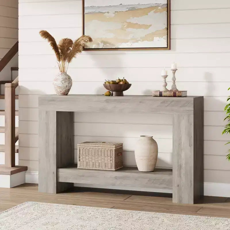 Mesa consola larga de 2 niveles, mesa de sofá, mesa auxiliar de entrada estilo casa de campo detrás del sofá para entrada, pasillo, sala de estar