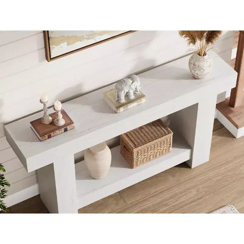 Mesa consola larga de 2 niveles, mesa de sofá, mesa auxiliar de entrada estilo casa de campo detrás del sofá para entrada, pasillo, sala de estar