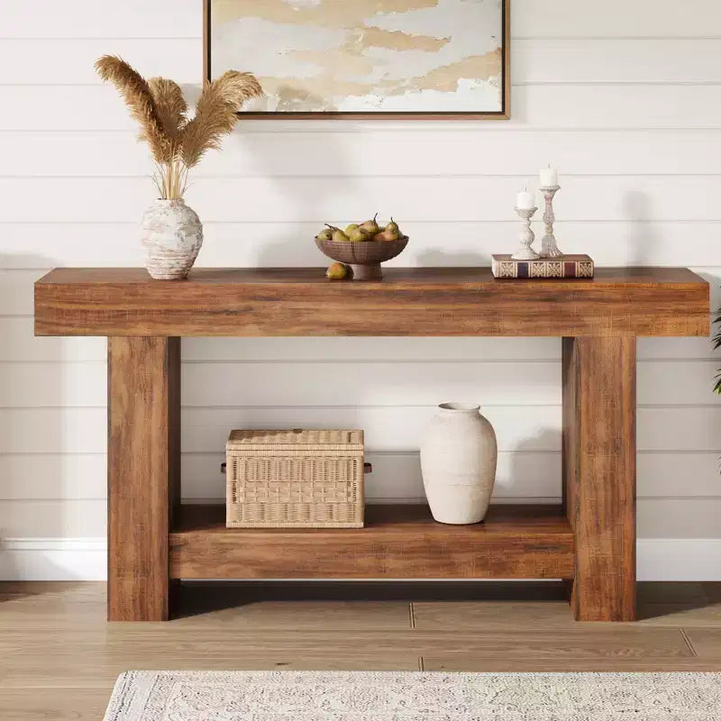 Mesa consola larga de 2 niveles, mesa de sofá, mesa auxiliar de entrada estilo casa de campo detrás del sofá para entrada, pasillo, sala de estar