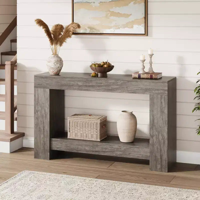 Mesa consola larga de 2 niveles, mesa de sofá, mesa auxiliar de entrada estilo casa de campo detrás del sofá para entrada, pasillo, sala de estar