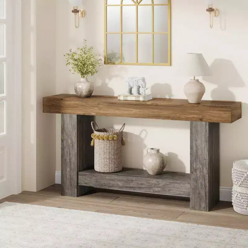 Mesa consola larga de 2 niveles, mesa de sofá, mesa auxiliar de entrada estilo casa de campo detrás del sofá para entrada, pasillo, sala de estar