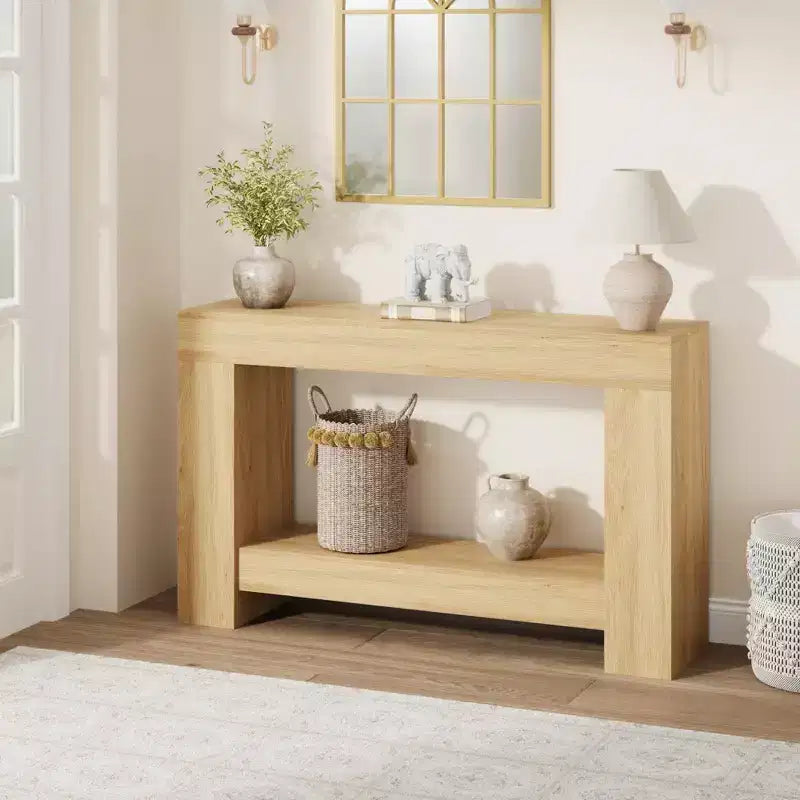 Mesa consola larga de 2 niveles, mesa de sofá, mesa auxiliar de entrada estilo casa de campo detrás del sofá para entrada, pasillo, sala de estar