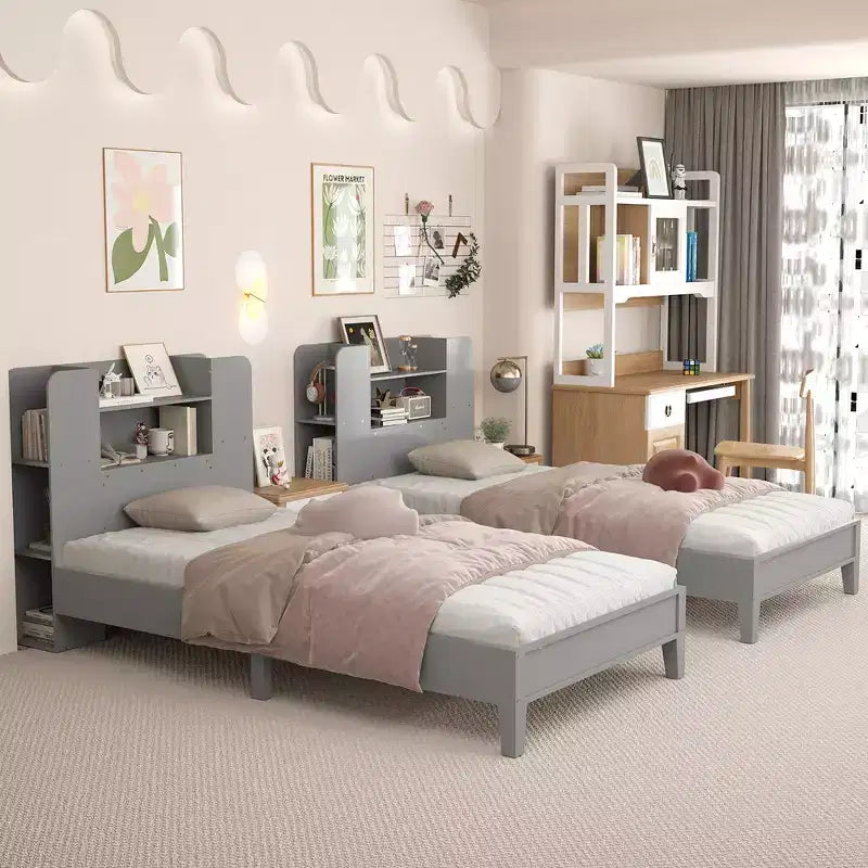 Estructura de cama individual Costway, base de plataforma de madera para niños con cabecero tipo estantería
