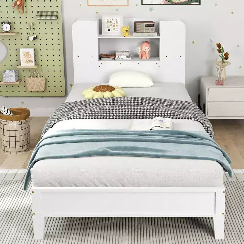 Estructura de cama individual Costway, base de plataforma de madera para niños con cabecero tipo estantería