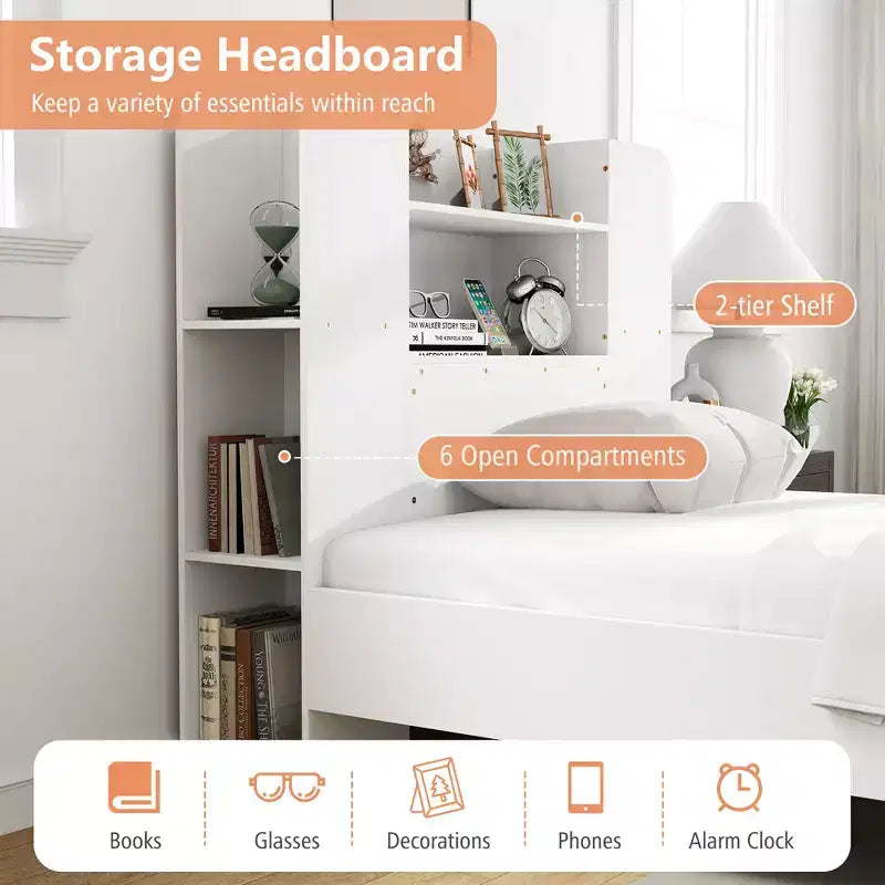 Estructura de cama individual Costway, base de plataforma de madera para niños con cabecero tipo estantería