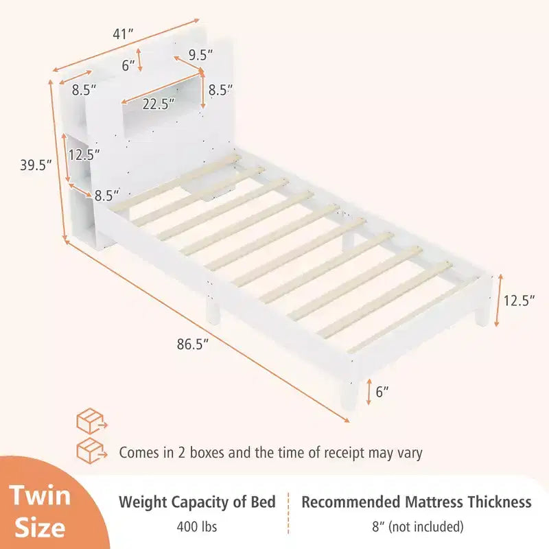 Estructura de cama individual Costway, base de plataforma de madera para niños con cabecero tipo estantería