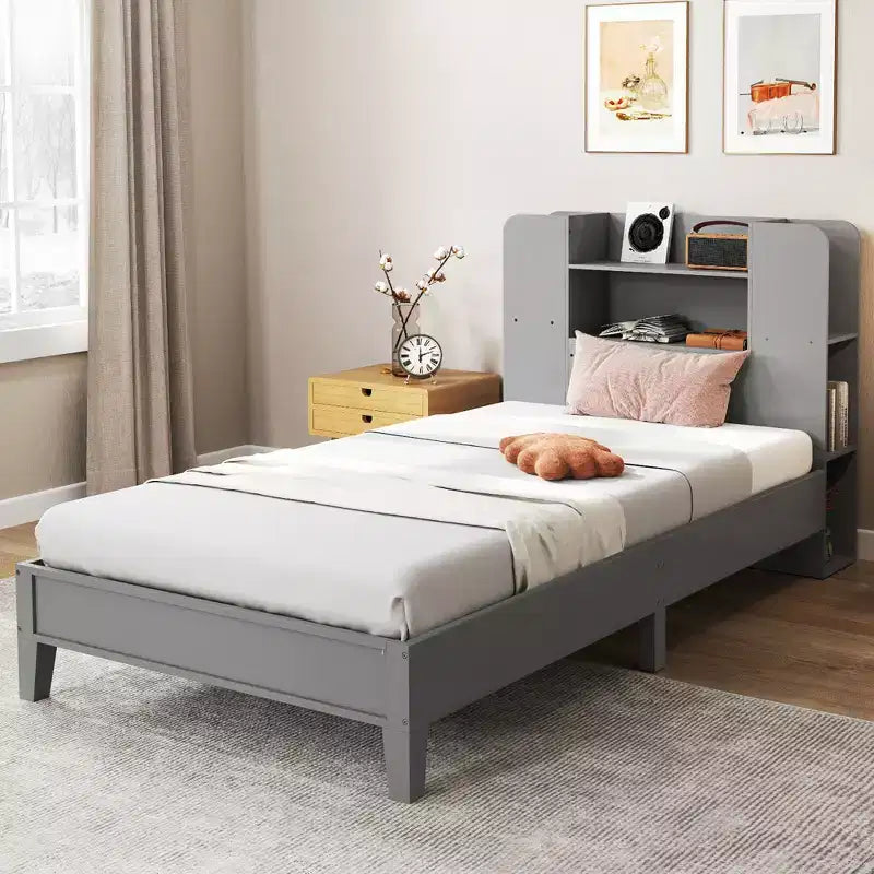 Estructura de cama individual Costway, base de plataforma de madera para niños con cabecero tipo estantería