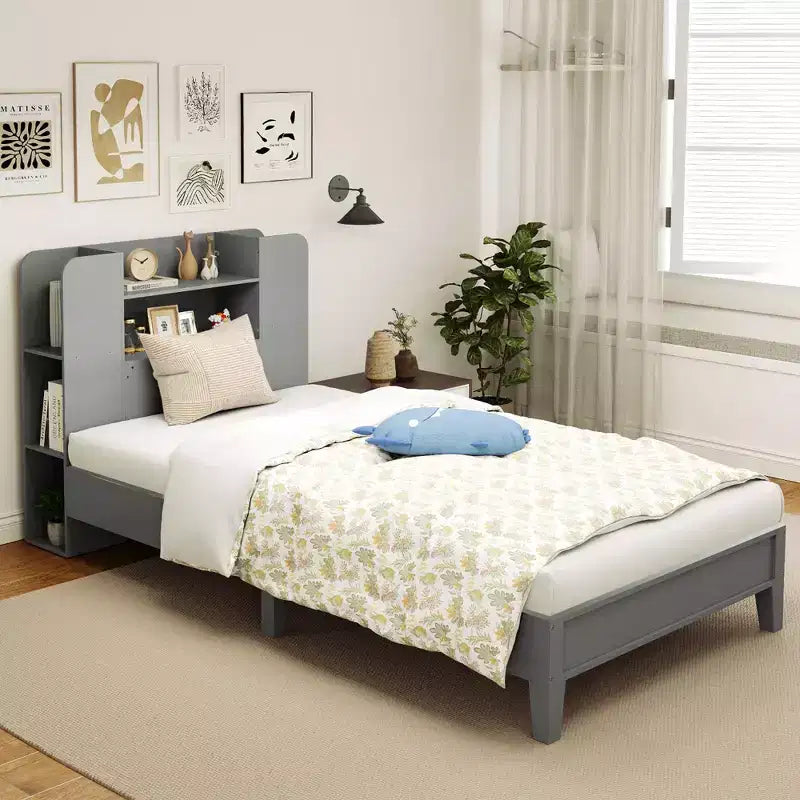 Estructura de cama individual Costway, base de plataforma de madera para niños con cabecero tipo estantería