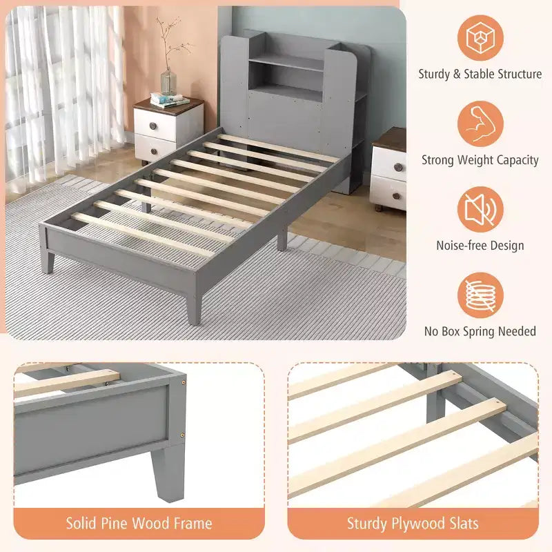 Estructura de cama individual Costway, base de plataforma de madera para niños con cabecero tipo estantería