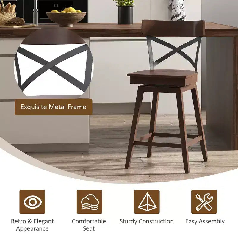 Juego de 4 taburetes de bar giratorios de madera Costway, sillas de cocina a la altura de la encimera con respaldo, color marrón