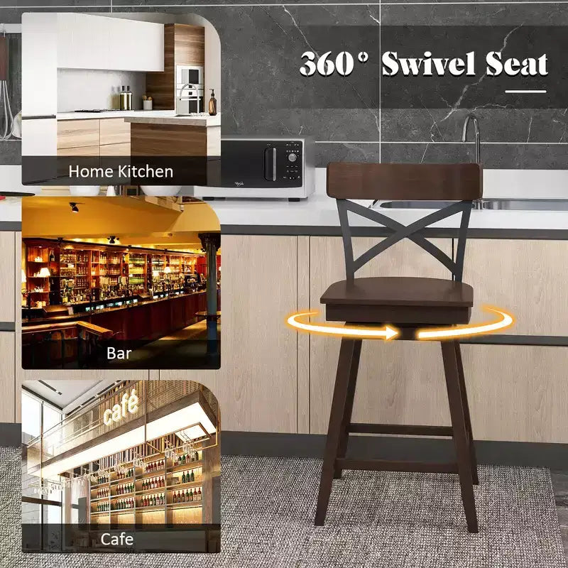 Juego de 4 taburetes de bar giratorios de madera Costway, sillas de cocina a la altura de la encimera con respaldo, color marrón
