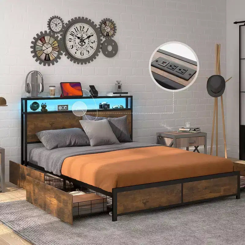 Costway Cama de plataforma industrial matrimonial/Queen con cajones de almacenamiento y cabecera con luces LED
