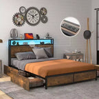 Costway Cama de plataforma industrial matrimonial/Queen con cajones de almacenamiento y cabecera con luces LED