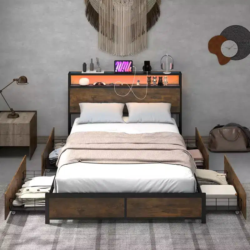 Costway Cama de plataforma industrial matrimonial/Queen con cajones de almacenamiento y cabecera con luces LED