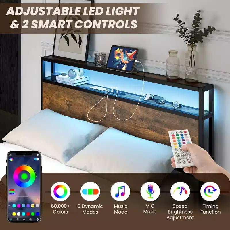 Costway Cama de plataforma industrial matrimonial/Queen con cajones de almacenamiento y cabecera con luces LED
