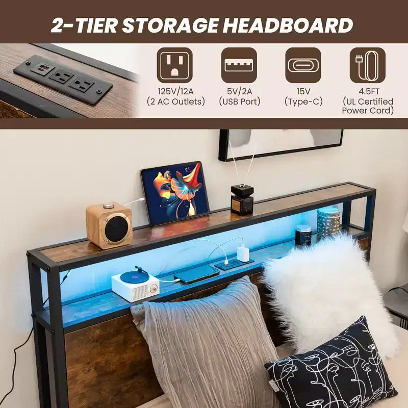 Costway Cama de plataforma industrial matrimonial/Queen con cajones de almacenamiento y cabecera con luces LED