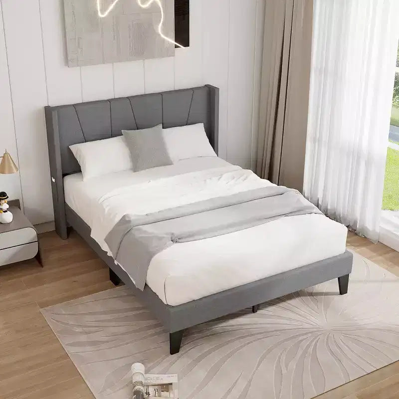 Base de cama tapizada Costway tamaño completo con bolsillos elásticos y base para colchón, color gris