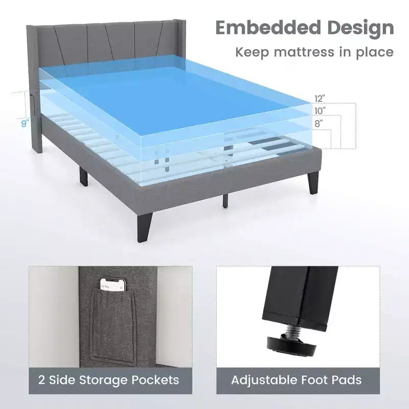Base de cama tapizada Costway tamaño completo con bolsillos elásticos y base para colchón, color gris