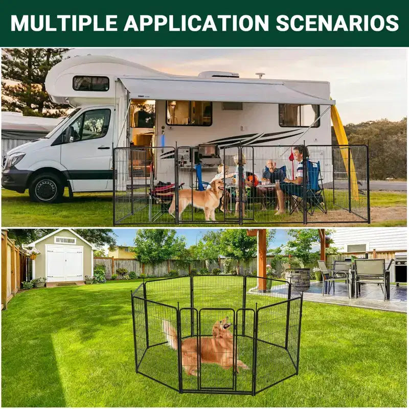 Parque para perros, parque para mascotas - Parque de ejercicio de metal resistente para mascotas para interiores/exteriores con puerta ancha, umbral bajo, portátil para cámping en caravana o jardín