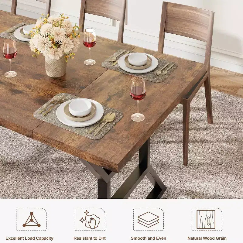 Mesa de comedor larga industrial rústica de 70.9 pulgadas para 6-8 personas, tablero de madera de ingeniería y estructura de hierro, diseño calado para cocina, comedor